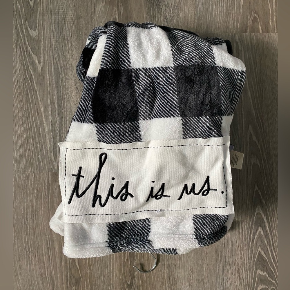 Rae Dunn Oversized Plush Throw “THIS IS US” Patch Black White Buffalo Check